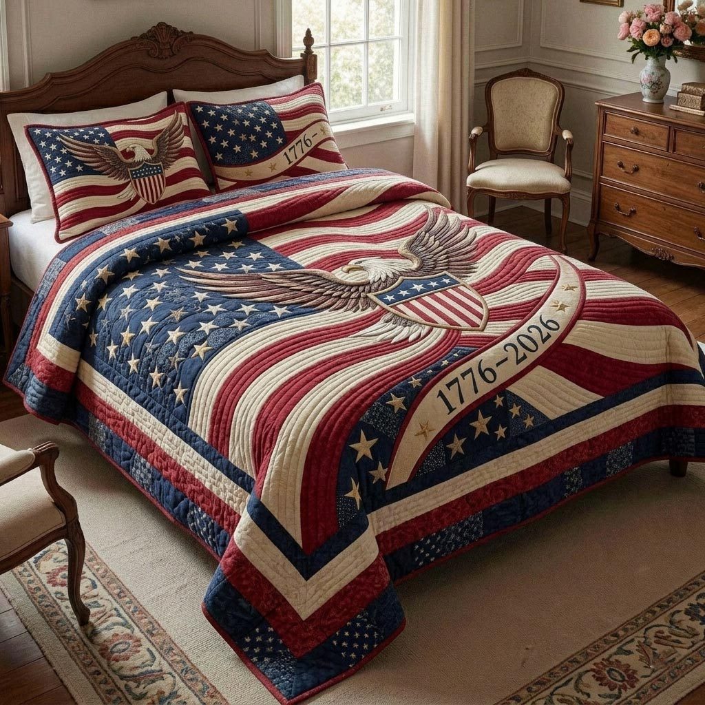 Heritage Patch quilted 3-piece bedding set on a made bed in a farmhouse bedroom