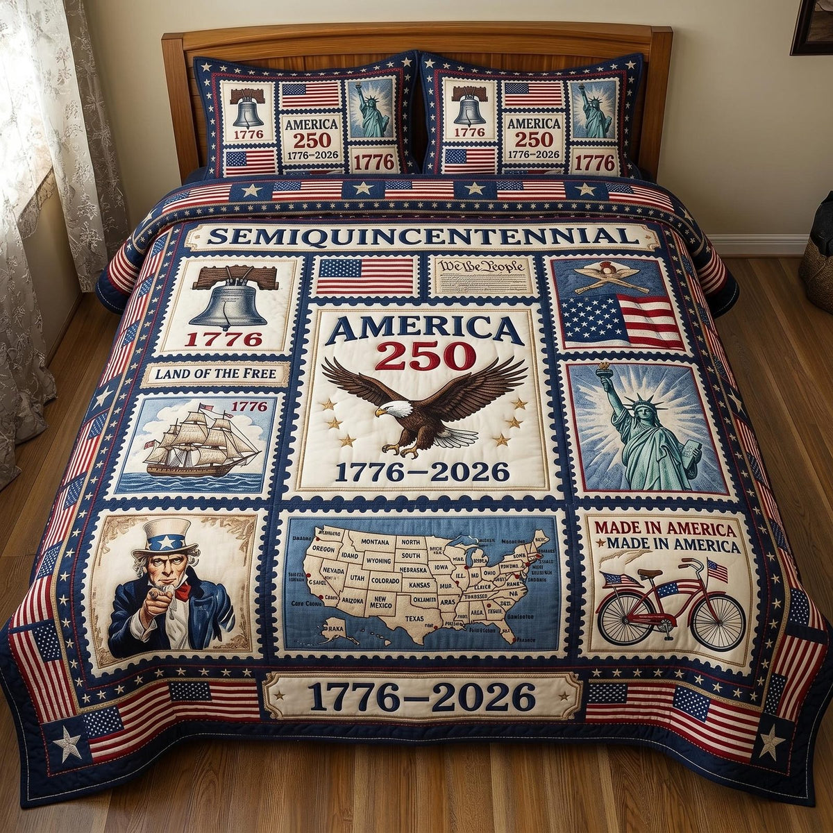 Heritage Patch quilted 3-piece bedding set on a made bed in a farmhouse bedroom