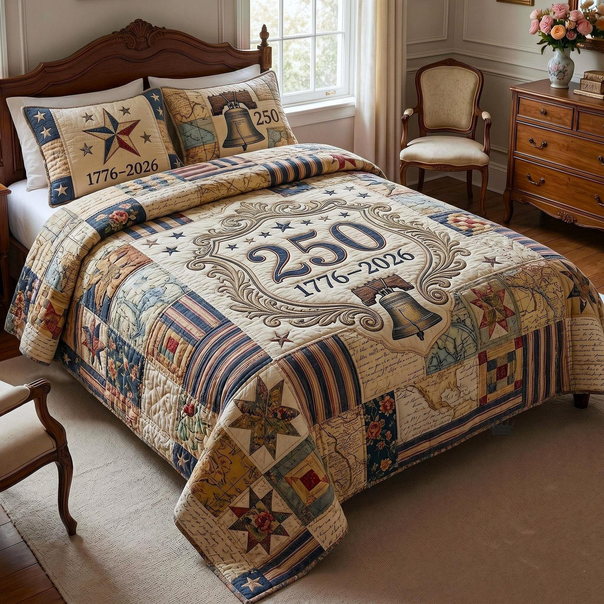 Heritage Patch quilted 3-piece bedding set on a made bed in a farmhouse bedroom