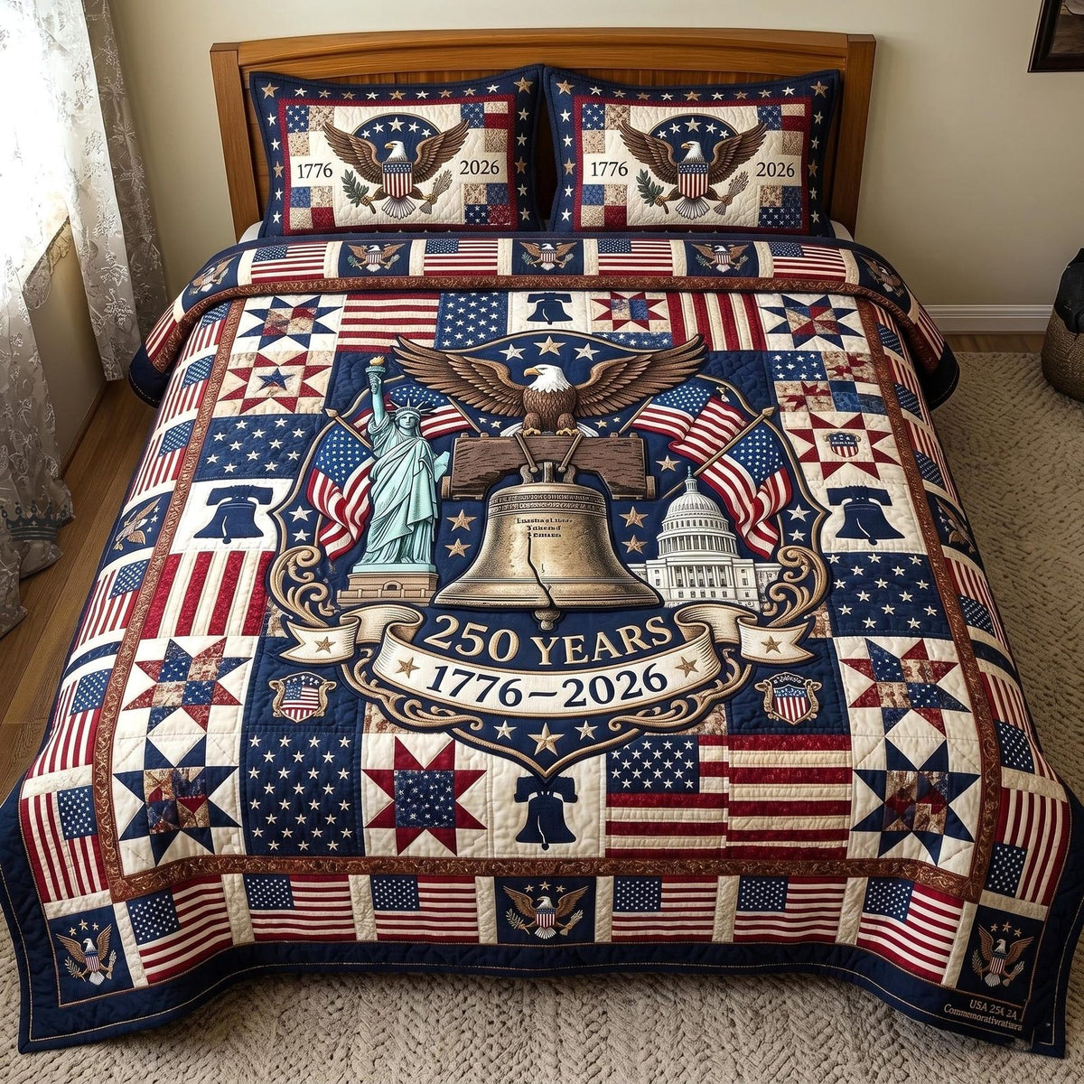 Heritage Patch quilted 3-piece bedding set on a made bed in a farmhouse bedroom