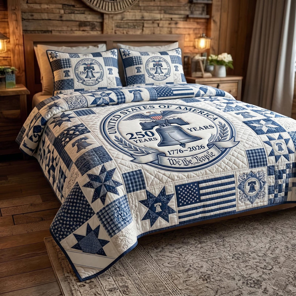 Heritage Patch quilted 3-piece bedding set on a made bed in a farmhouse bedroom