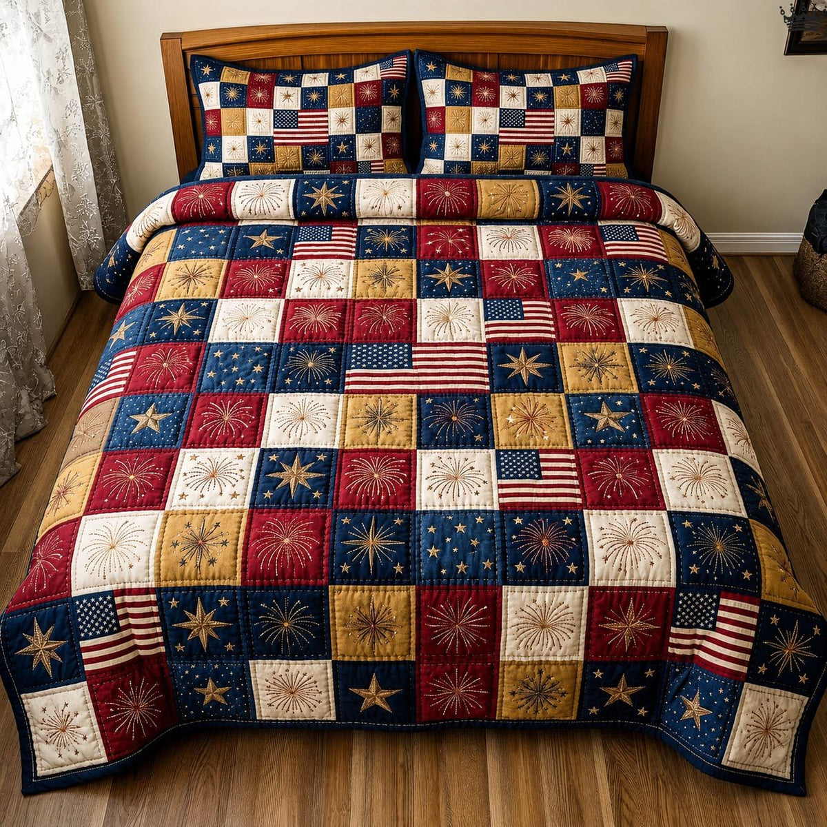 Heritage Patch quilted 3-piece bedding set on a made bed in a farmhouse bedroom
