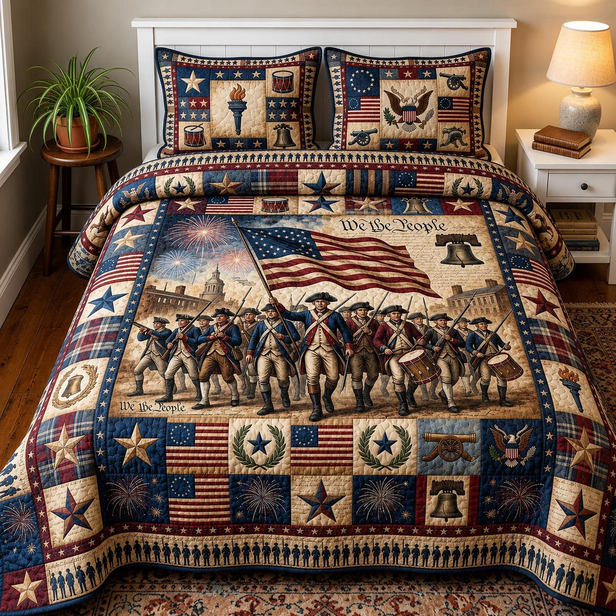 Heritage Patch quilted 3-piece bedding set on a made bed in a farmhouse bedroom