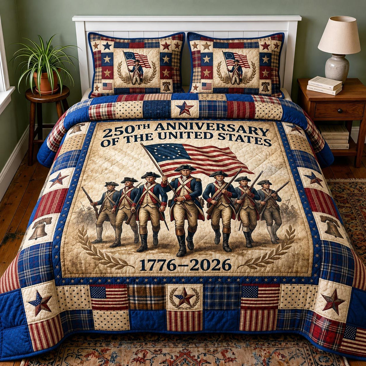 Heritage Patch quilted 3-piece bedding set on a made bed in a farmhouse bedroom