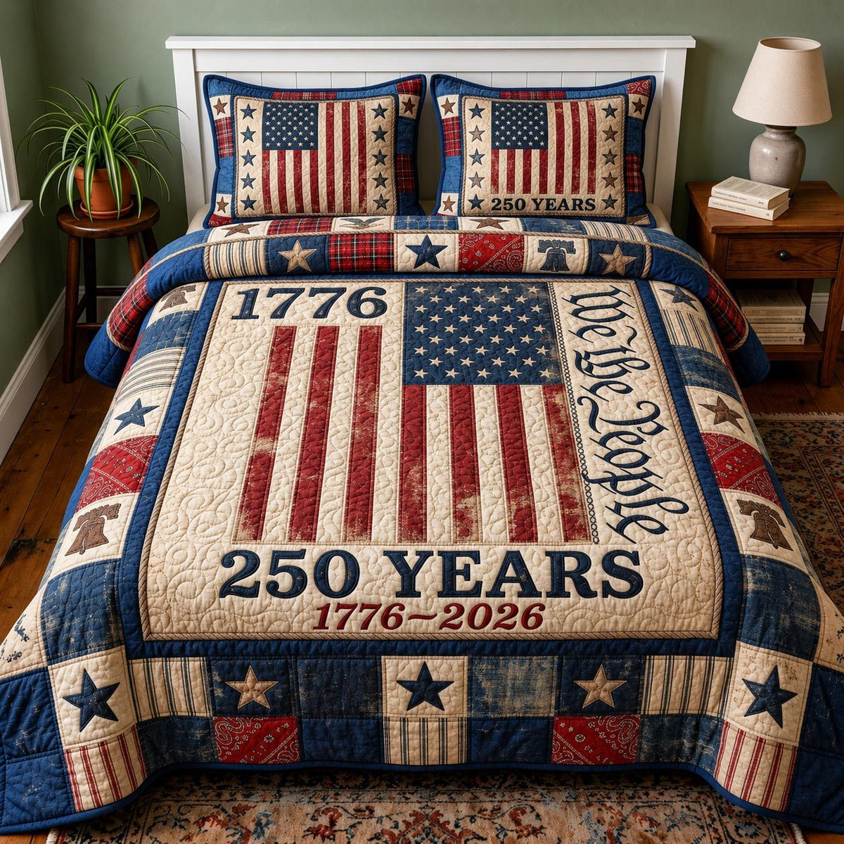 Heritage Patch quilted 3-piece bedding set on a made bed in a farmhouse bedroom
