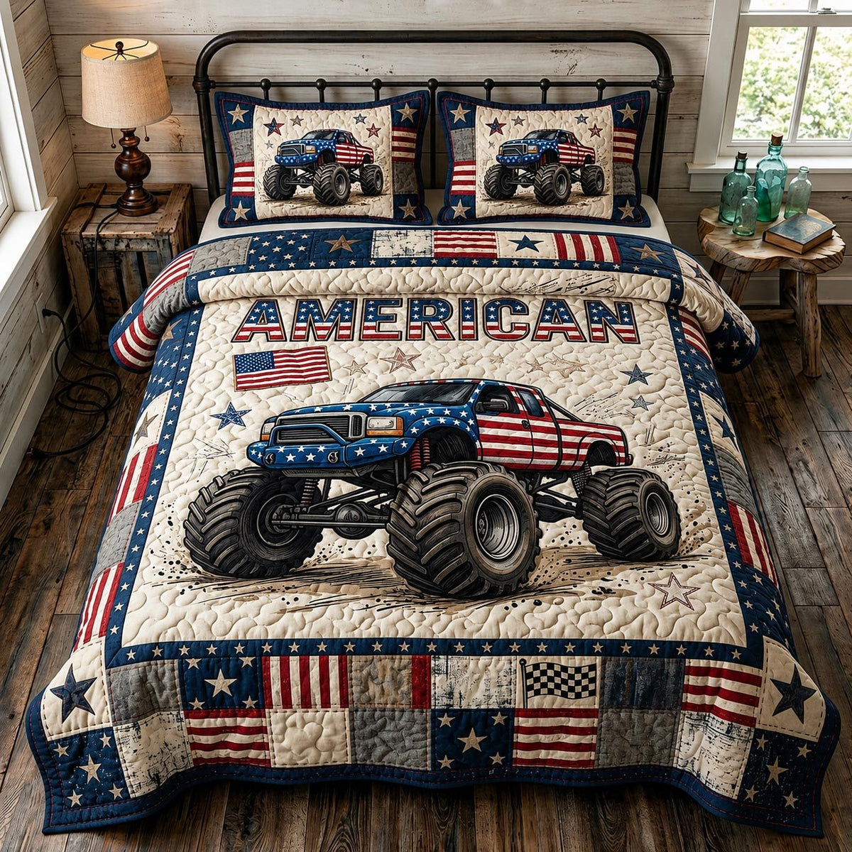 Heritage Patch quilted 3-piece bedding set on a made bed in a farmhouse bedroom