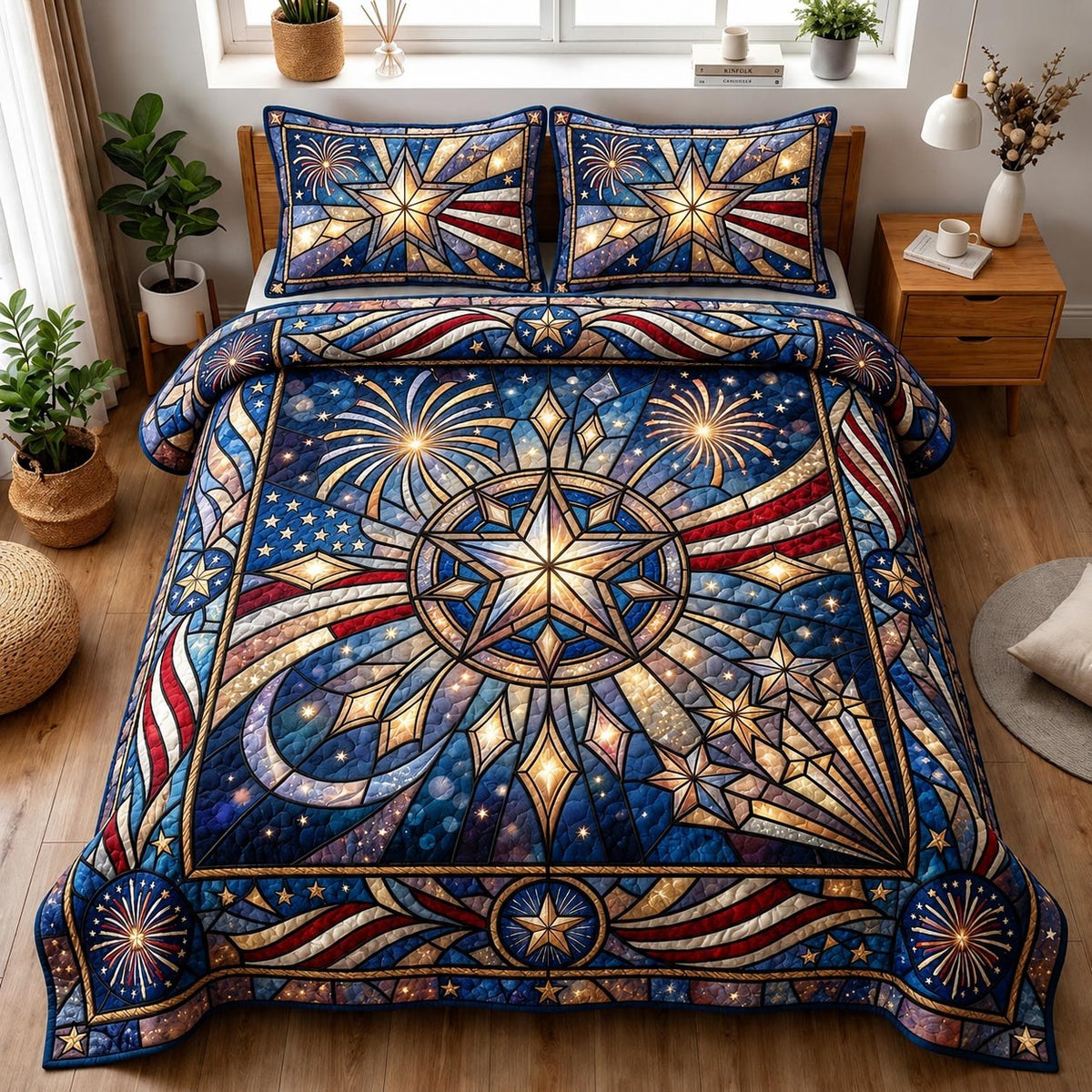 Heritage Patch quilted 3-piece bedding set on a made bed in a farmhouse bedroom