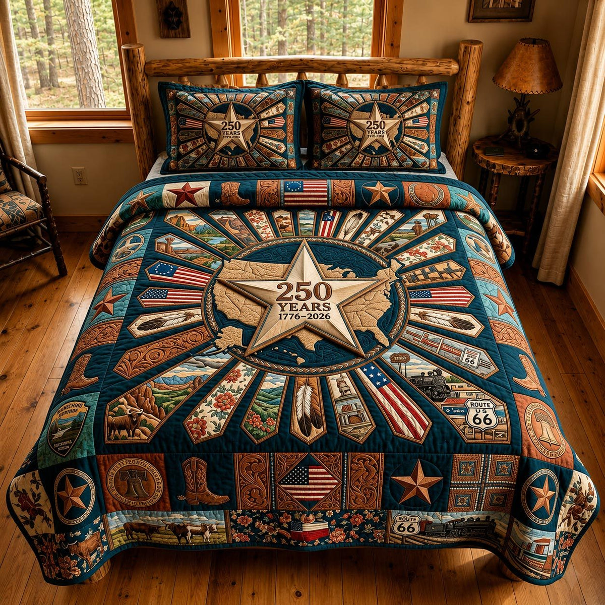 Heritage Patch quilted 3-piece bedding set on a made bed in a farmhouse bedroom