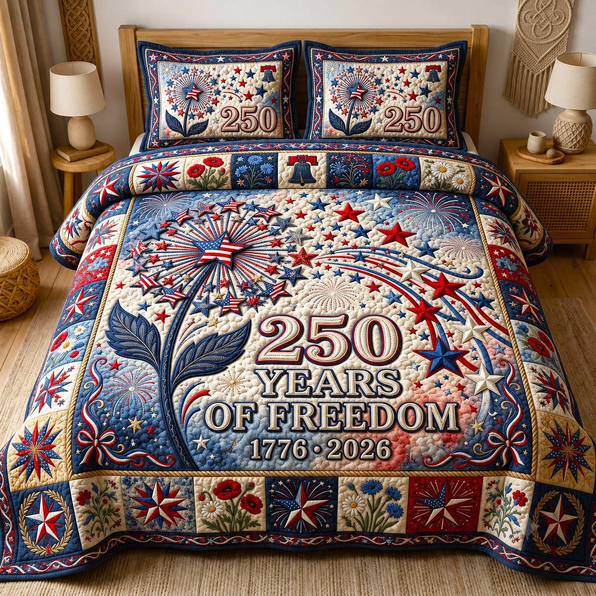 Heritage Patch quilted 3-piece bedding set on a made bed in a farmhouse bedroom