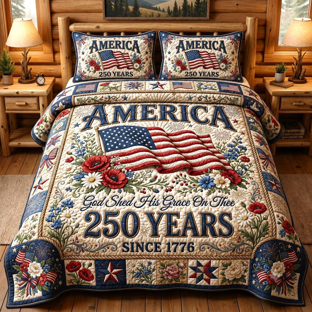 Heritage Patch quilted 3-piece bedding set on a made bed in a farmhouse bedroom