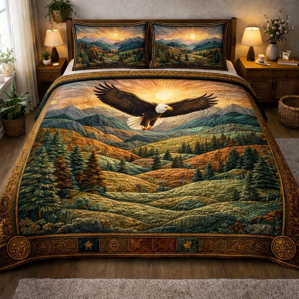 Heritage Patch quilted 3-piece bedding set on a made bed in a farmhouse bedroom