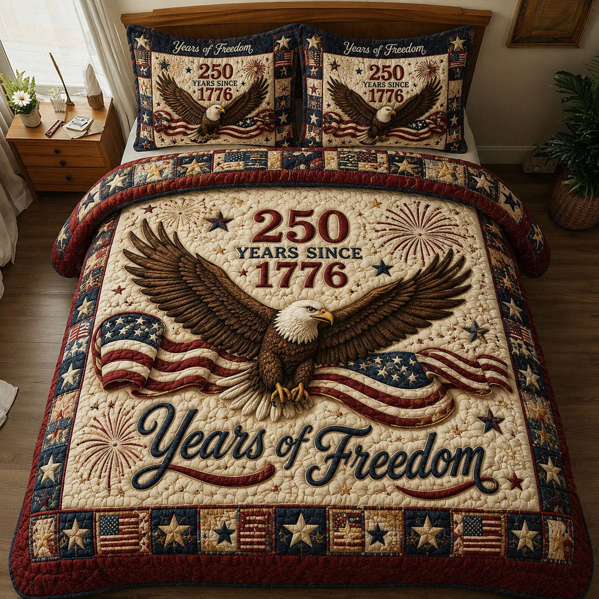 Heritage Patch quilted 3-piece bedding set on a made bed in a farmhouse bedroom