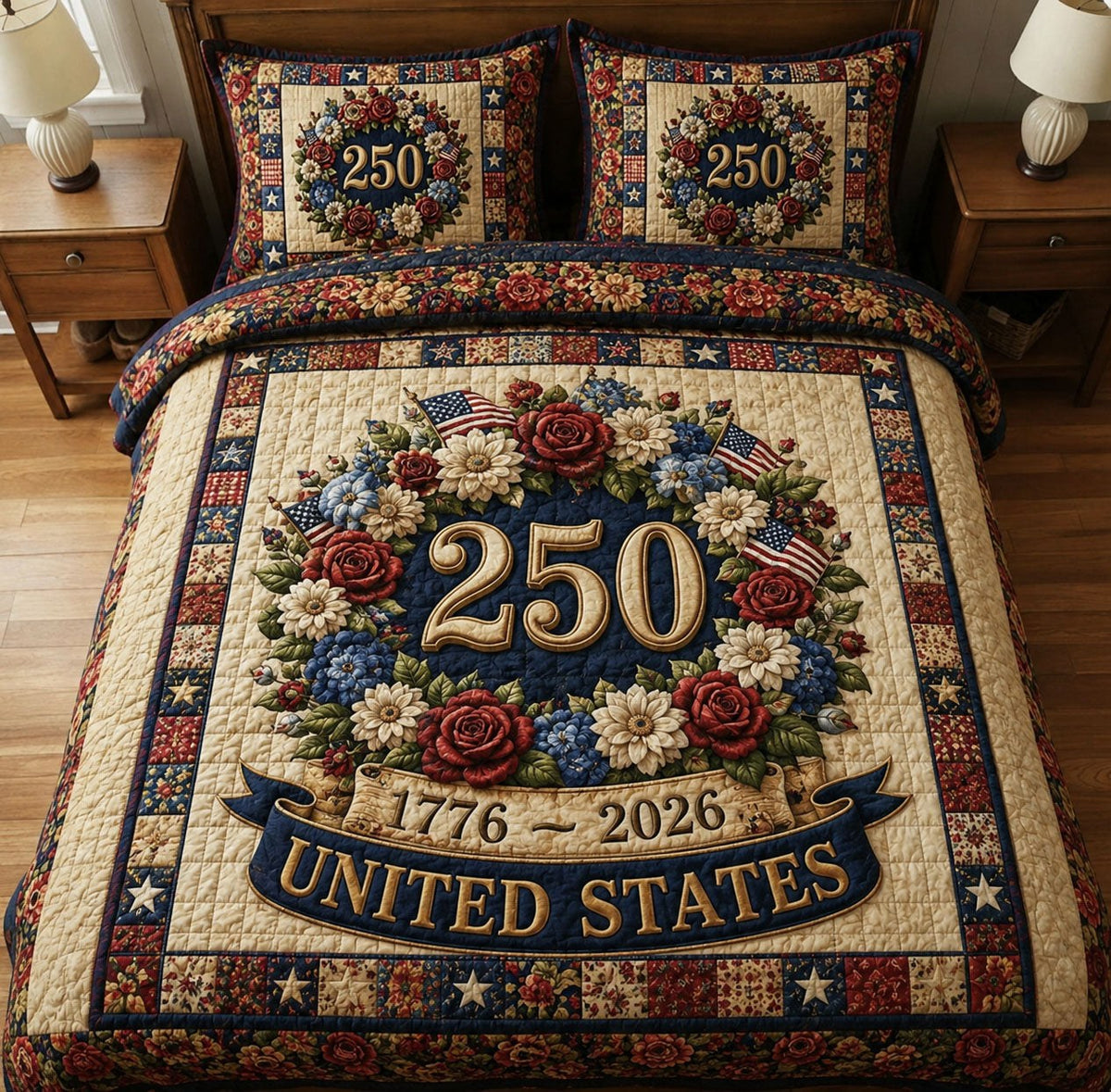 Heritage Patch quilted 3-piece bedding set on a made bed in a farmhouse bedroom