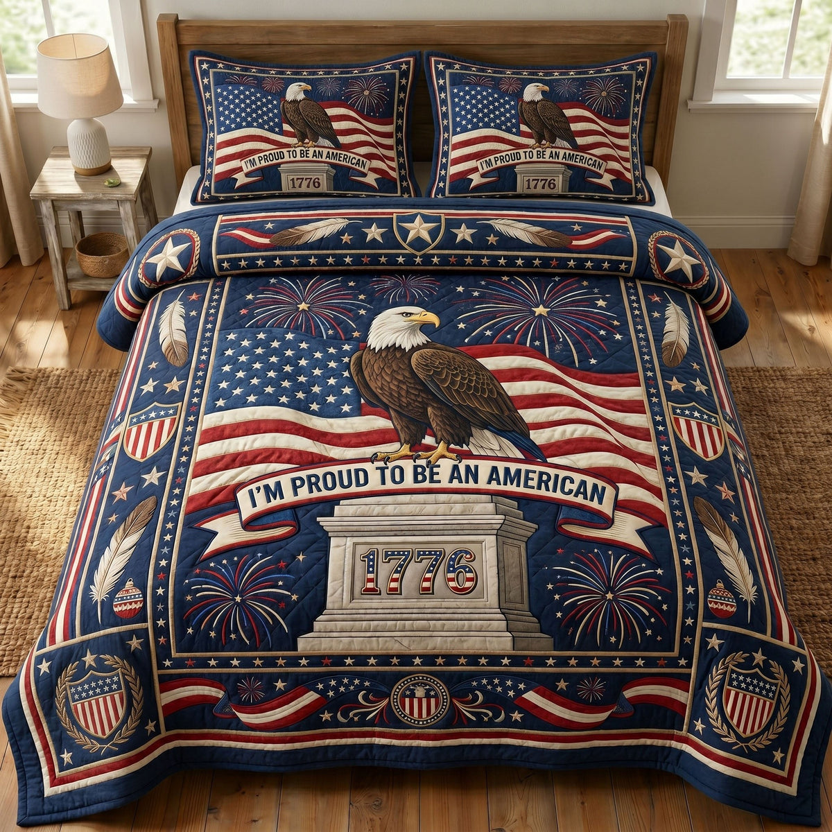 Heritage Patch quilted 3-piece bedding set on a made bed in a farmhouse bedroom