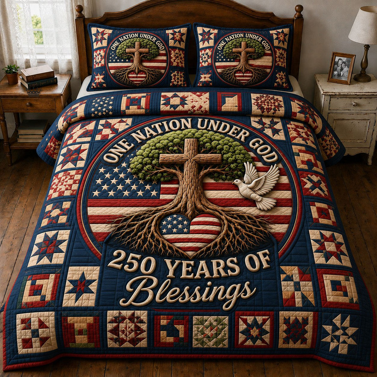 Heritage Patch quilted 3-piece bedding set on a made bed in a farmhouse bedroom