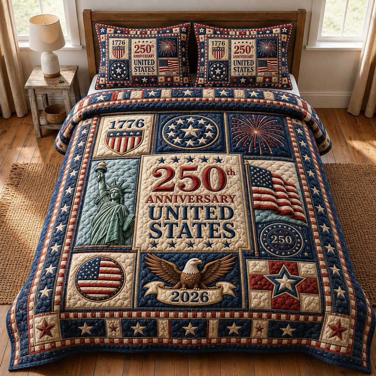 Heritage Patch quilted 3-piece bedding set on a made bed in a farmhouse bedroom