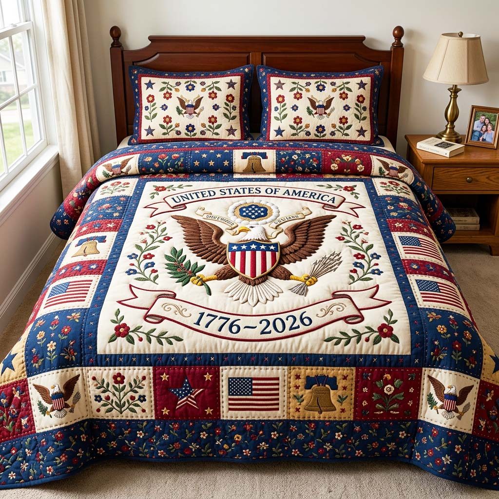 Heritage Patch quilted 3-piece bedding set on a made bed in a farmhouse bedroom