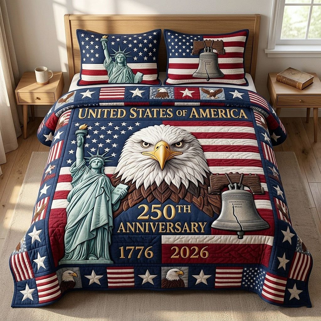 Heritage Patch quilted 3-piece bedding set on a made bed in a farmhouse bedroom