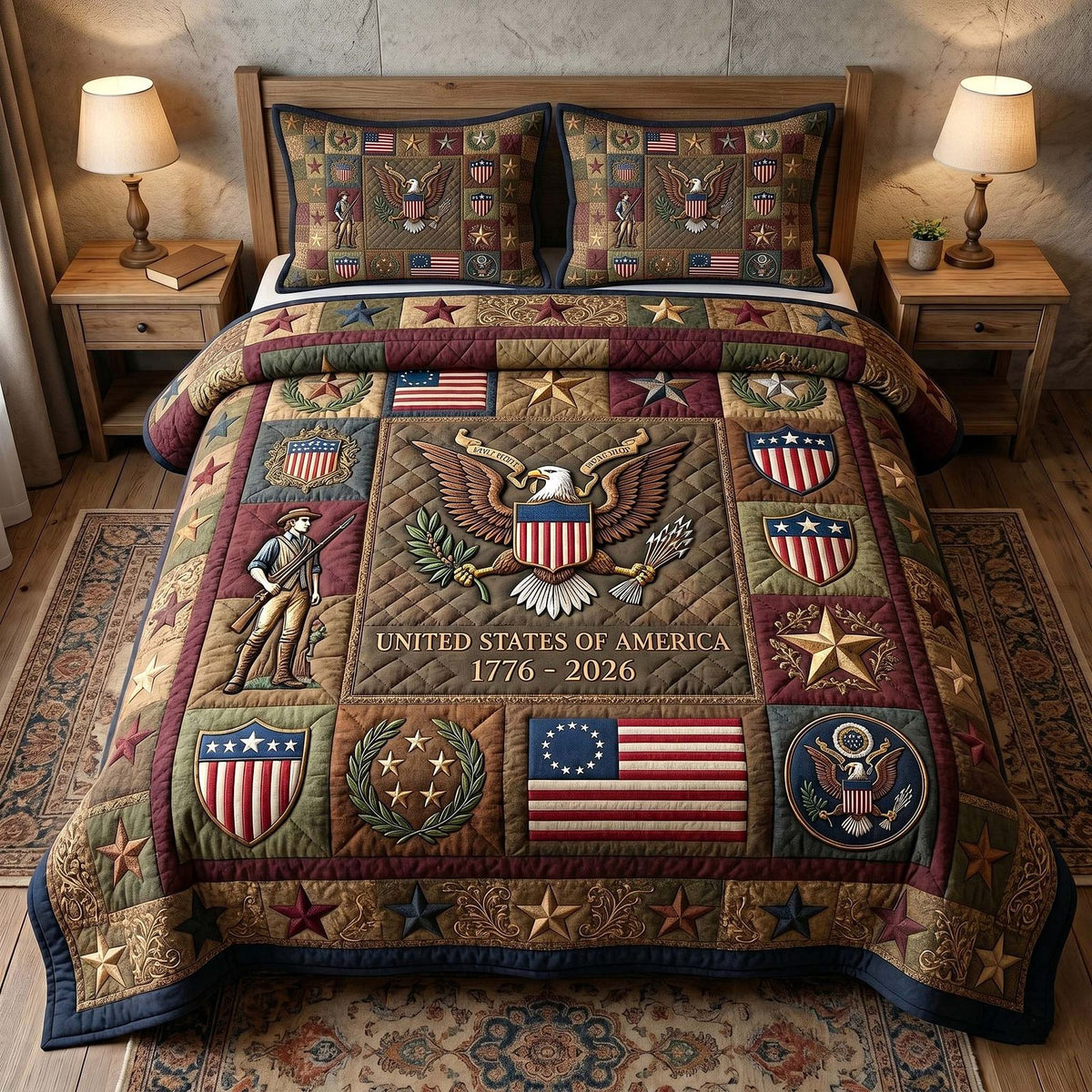 Heritage Patch quilted 3-piece bedding set on a made bed in a farmhouse bedroom