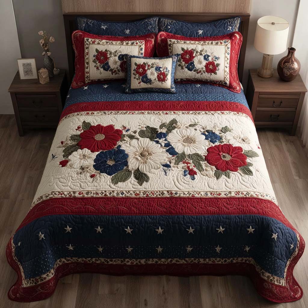 Heritage Petal quilted 3-piece bedding set on a made bed in a farmhouse bedroom