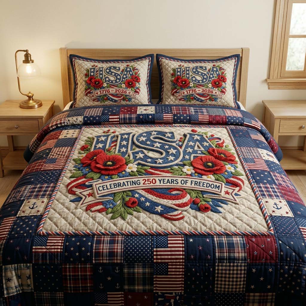 Heritage Pride quilted 3-piece bedding set on a made bed in a farmhouse bedroom