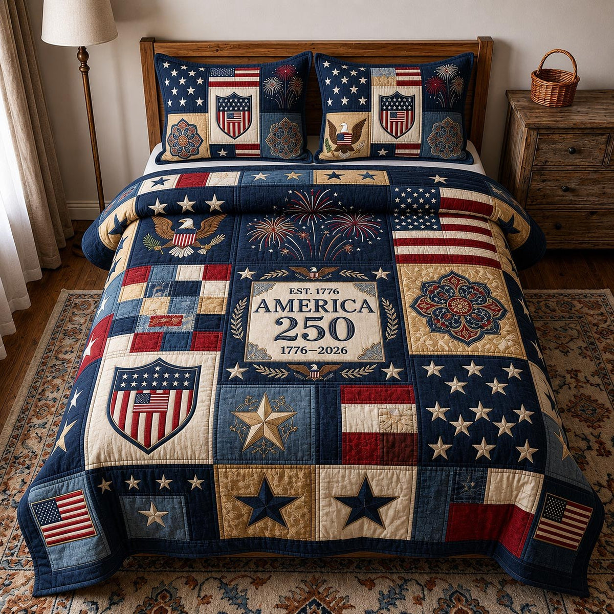 Heritage Pride quilted 3-piece bedding set on a made bed in a farmhouse bedroom