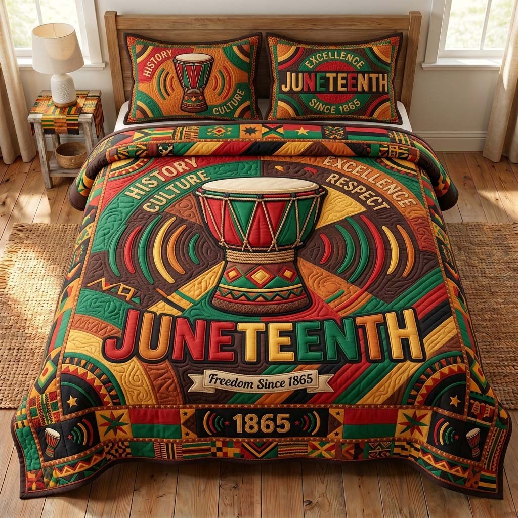 Heritage Rhythm quilted 3-piece bedding set on a made bed in a farmhouse bedroom