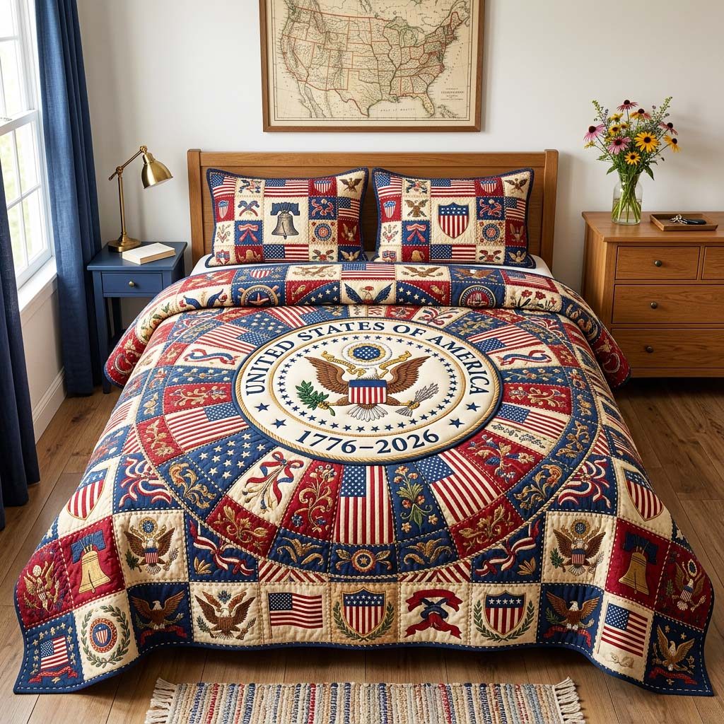 Heritage Seal quilted 3-piece bedding set on a made bed in a farmhouse bedroom