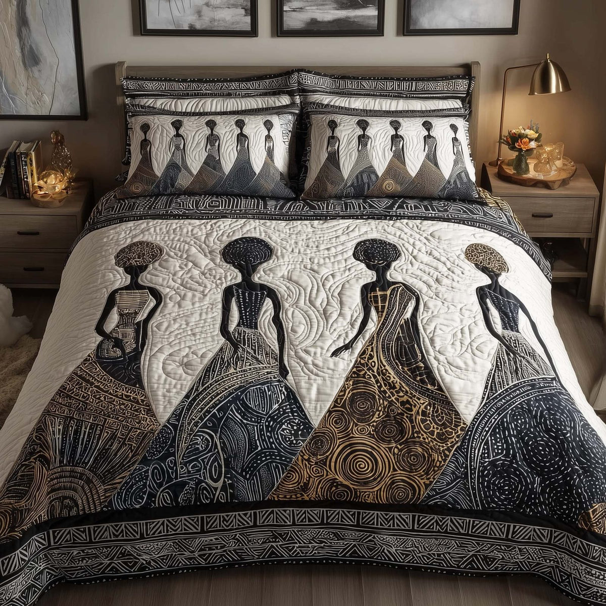 Heritage Soul quilted 3-piece bedding set on a made bed in a farmhouse bedroom