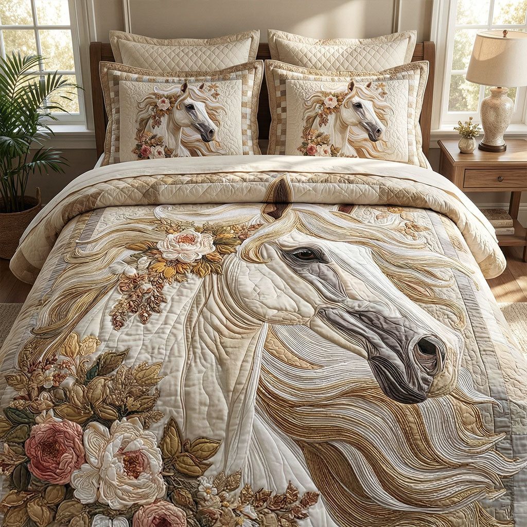 Heritage Spirit quilted 3-piece bedding set on a made bed in a farmhouse bedroom