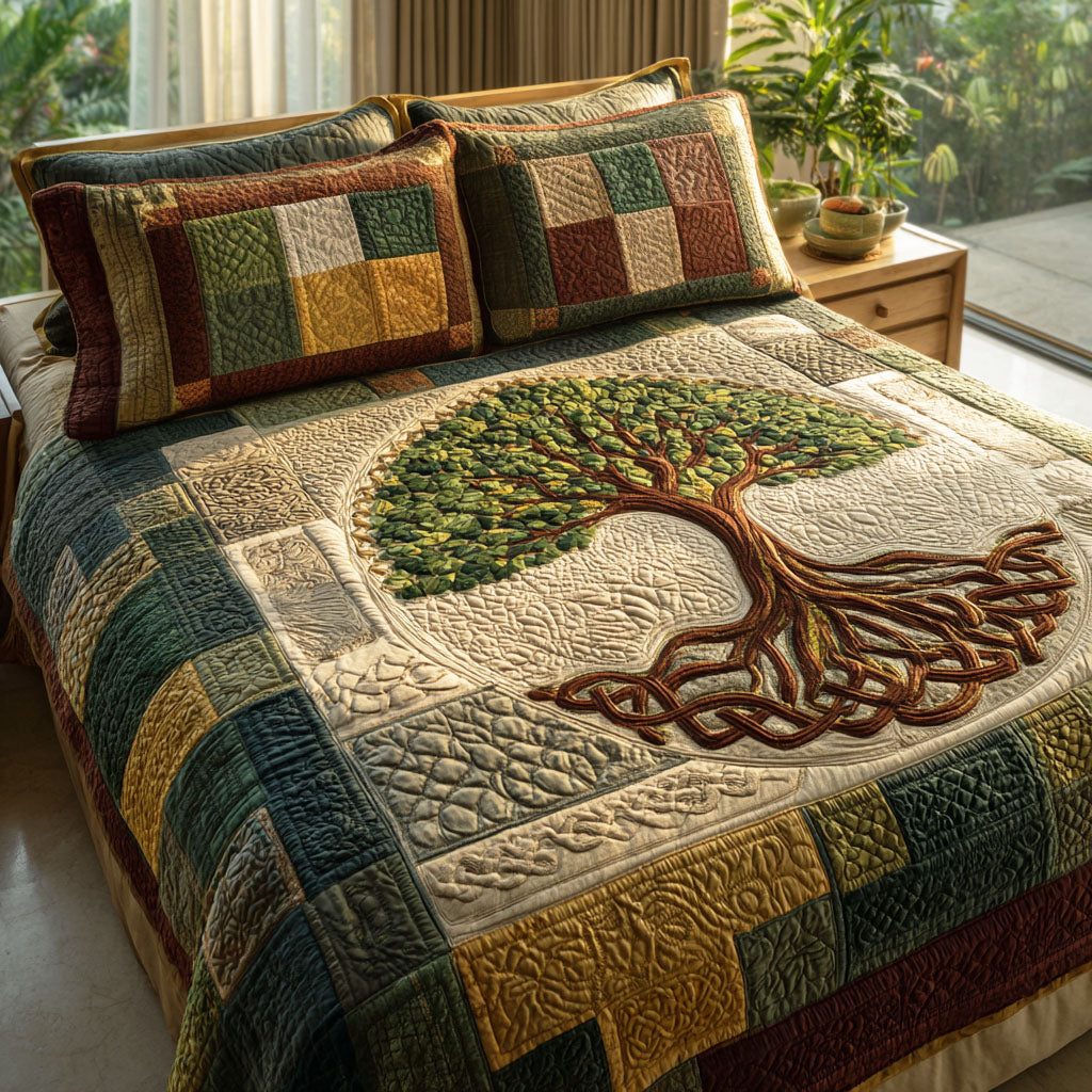 Heritage Tree quilted 3-piece bedding set on a made bed in a farmhouse bedroom