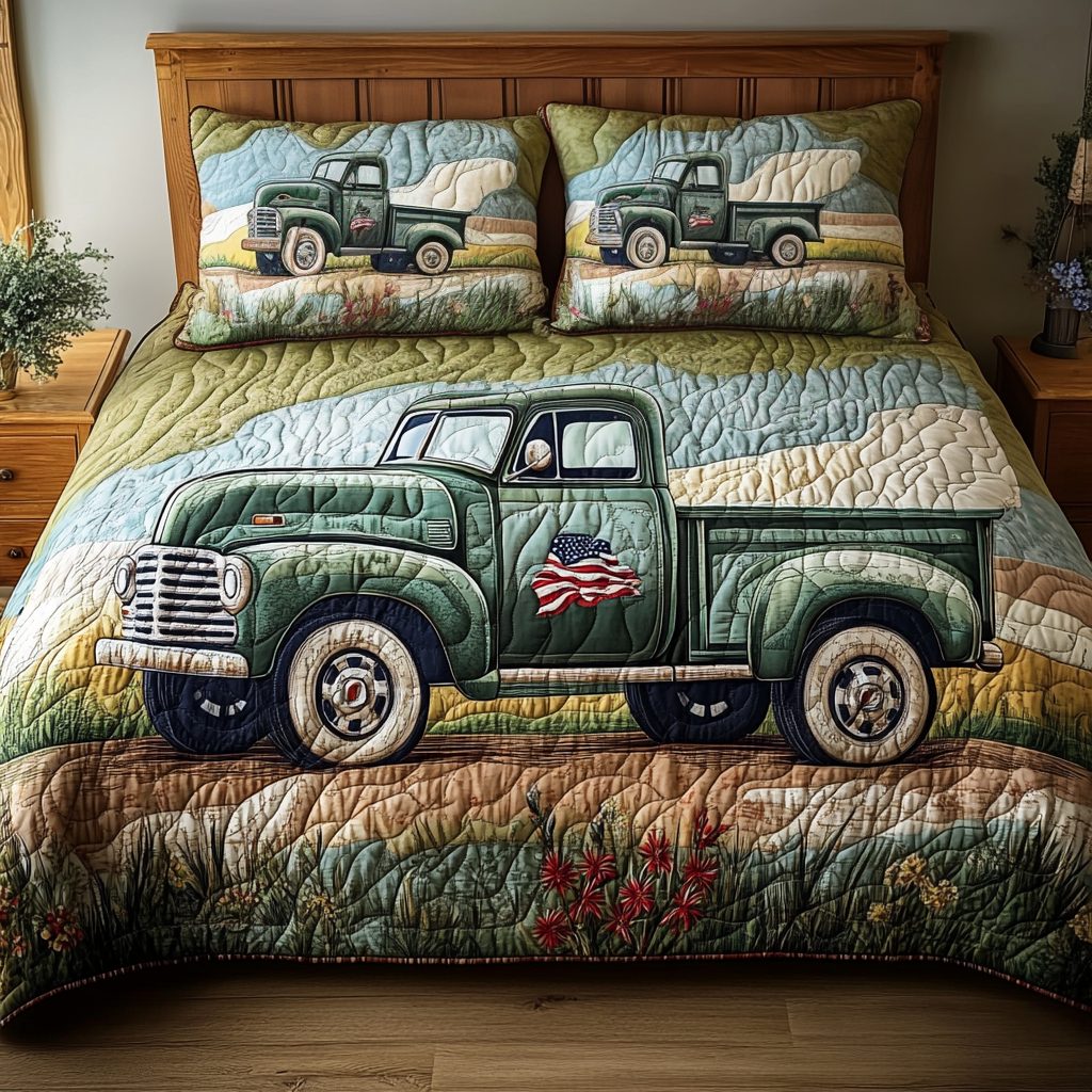Heritage Wheels quilted 3-piece bedding set on a made bed in a farmhouse bedroom
