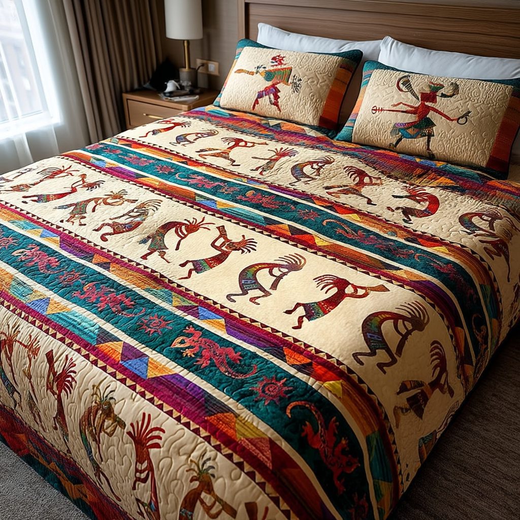 Heritage Winds quilted 3-piece bedding set on a made bed in a farmhouse bedroom