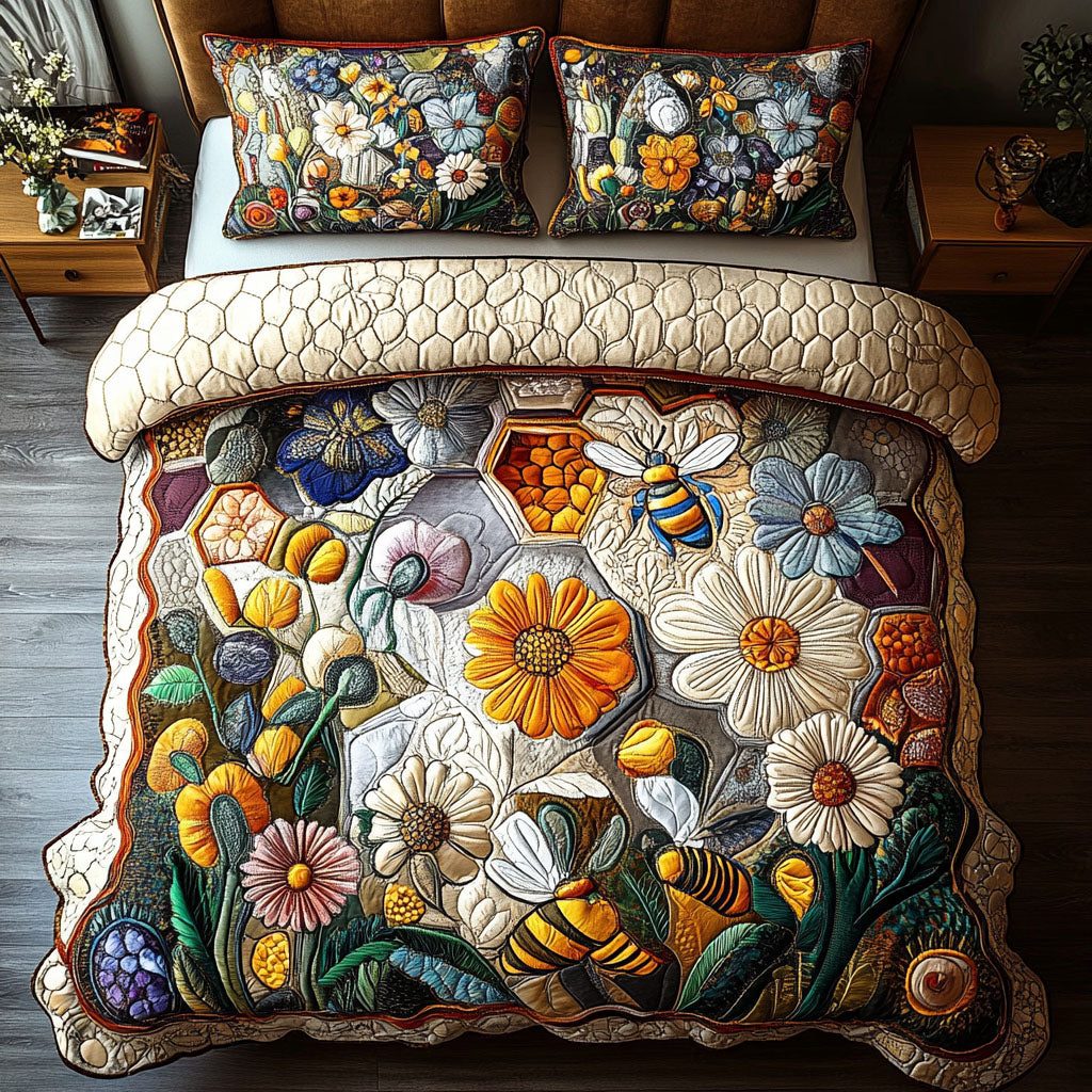 Hexagon Harmony quilted 3-piece bedding set on a made bed with two matching pillow shams