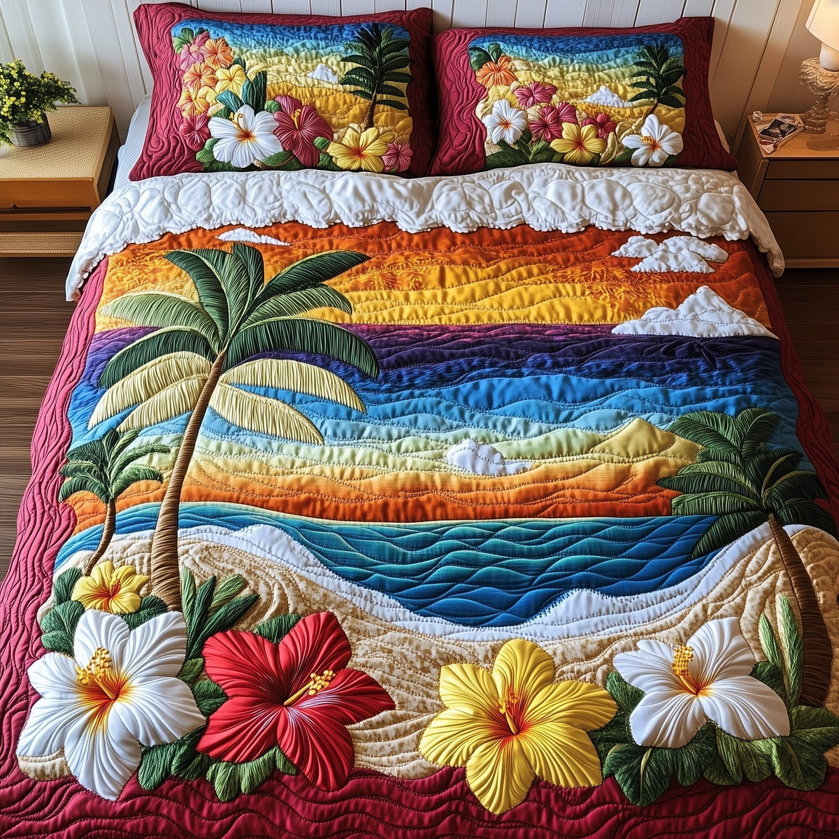 Hibicus Breeze Haven quilted 3-piece bedding set on a made bed with two matching pillow shams