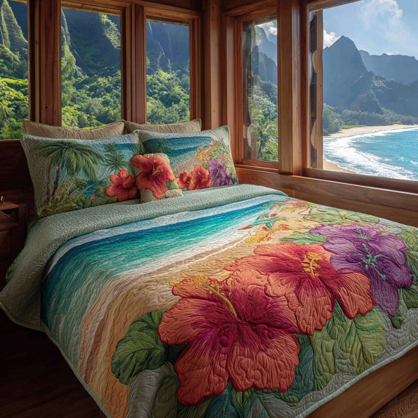 Hibiscus Bay quilted 3-piece bedding set on a made bed in a light coastal bedroom