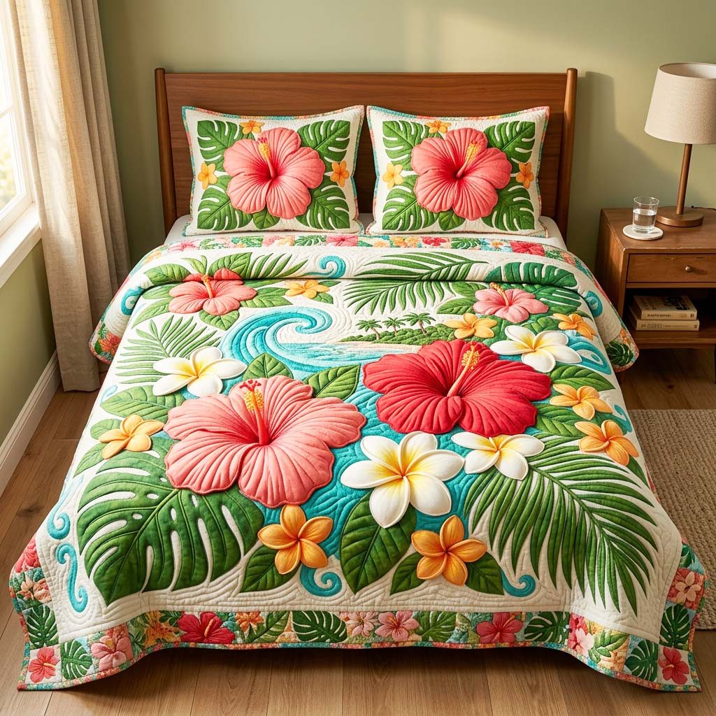 Hibiscus Bloom quilted 3-piece bedding set on a made bed with two matching pillow shams