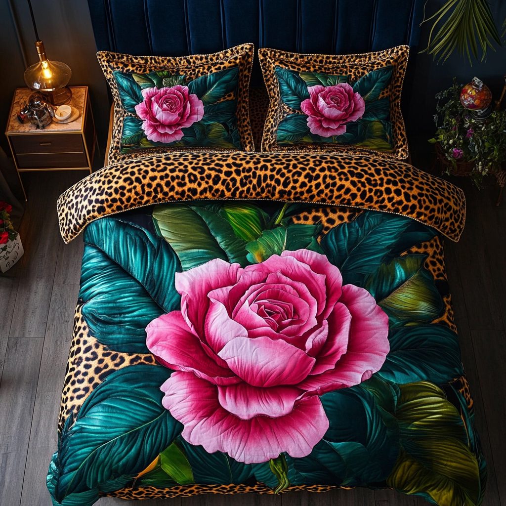 Hibiscus Charm quilted 3-piece bedding set on a made bed with two matching pillow shams