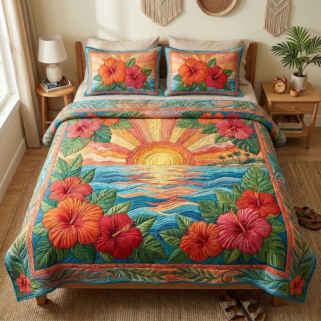 Hibiscus Dawn quilted 3-piece bedding set on a made bed with two matching pillow shams