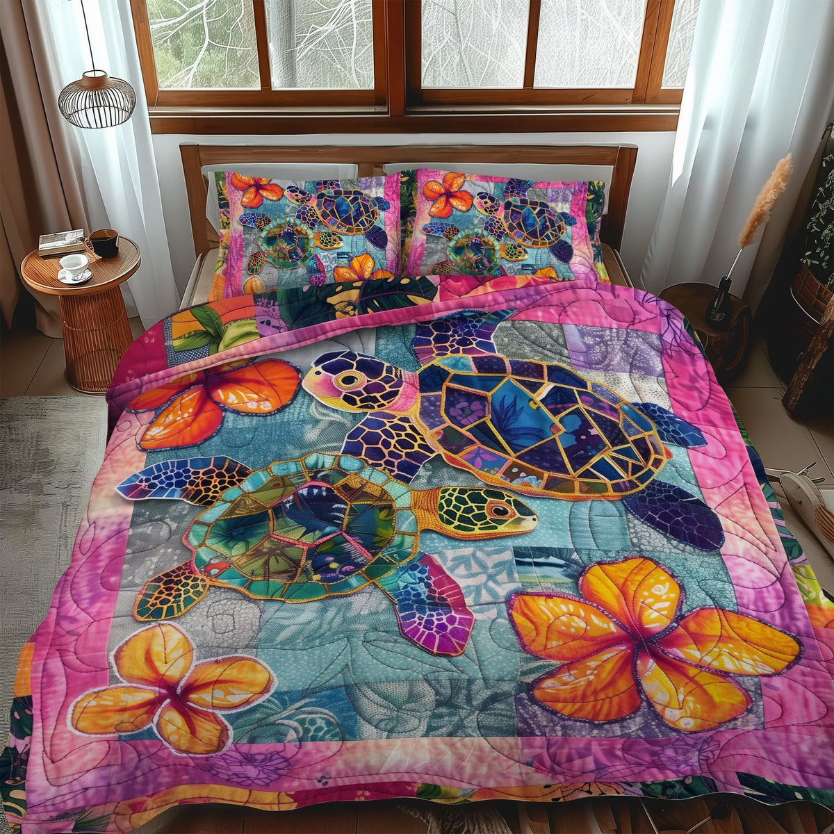 Hibiscus Haven quilted 3-piece bedding set on a made bed with two matching pillow shams