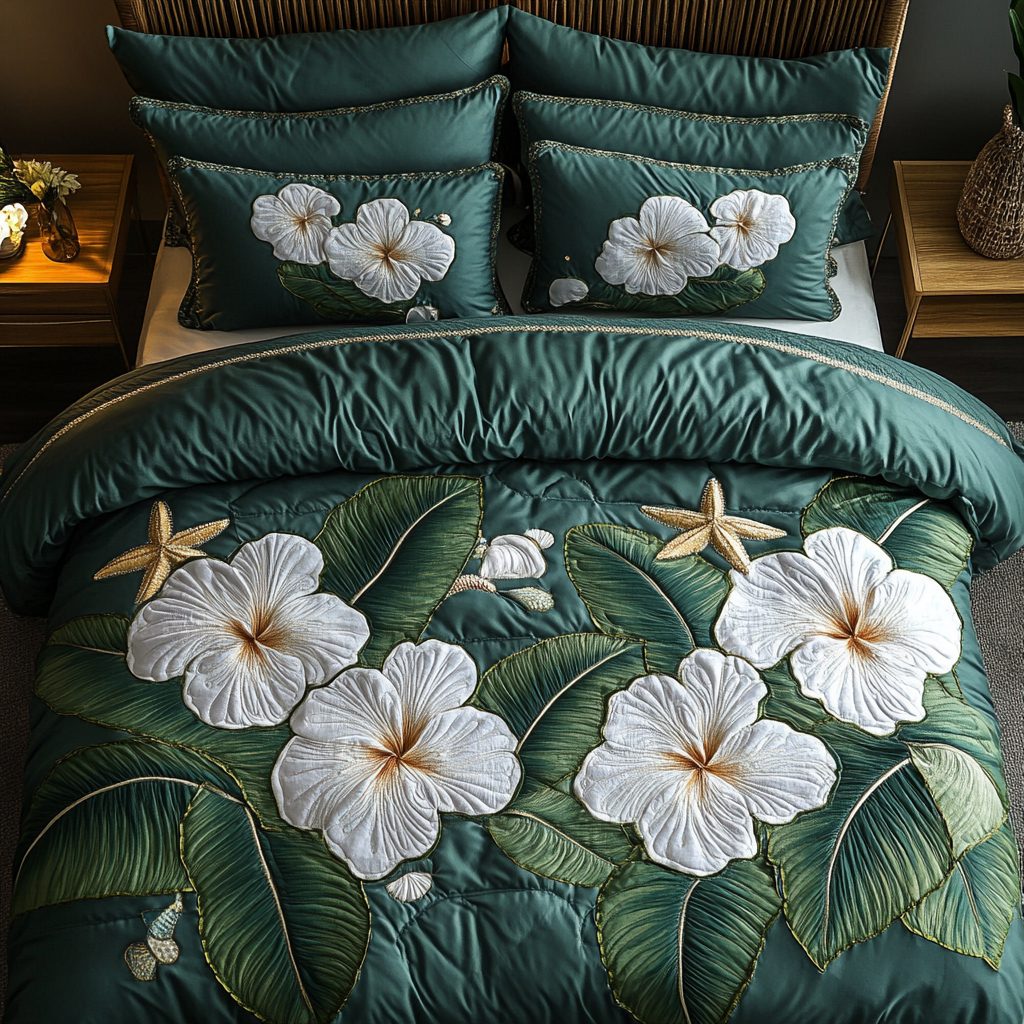 Hibiscus Paradise quilted 3-piece bedding set on a made bed with two matching pillow shams