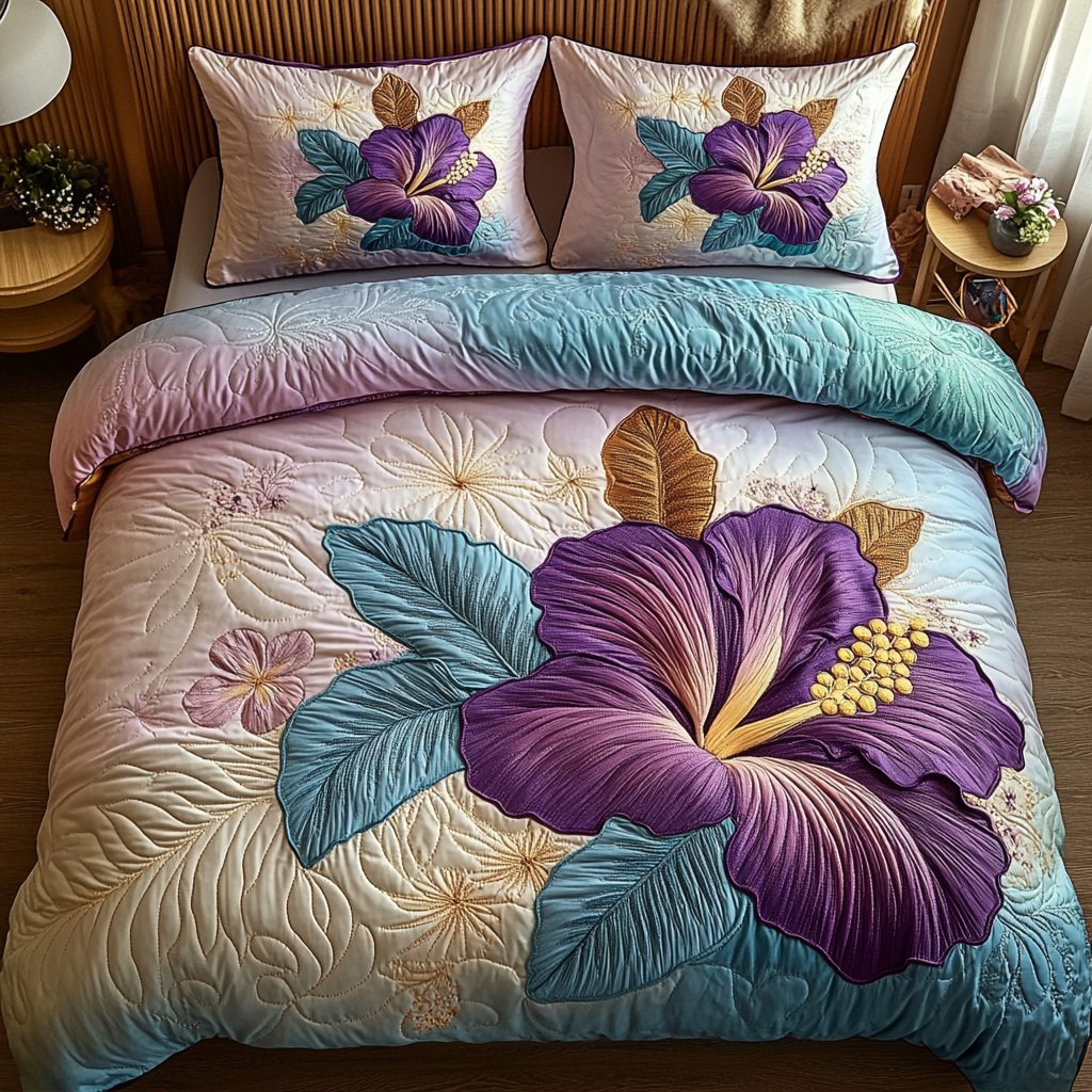 Hibiscus Paradise quilted 3-piece bedding set on a made bed with two matching pillow shams