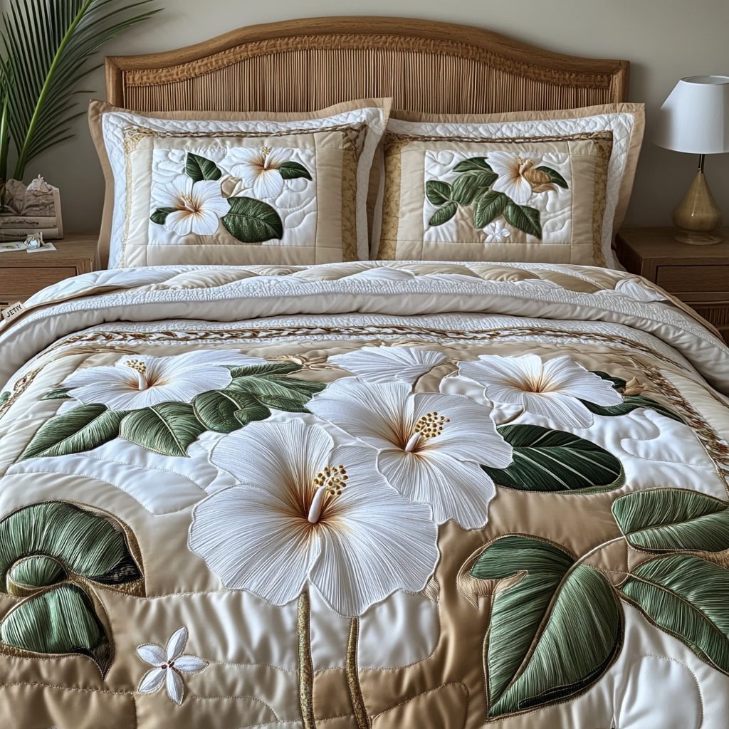 Hibiscus quilted 3-piece bedding set on a made bed with two matching pillow shams