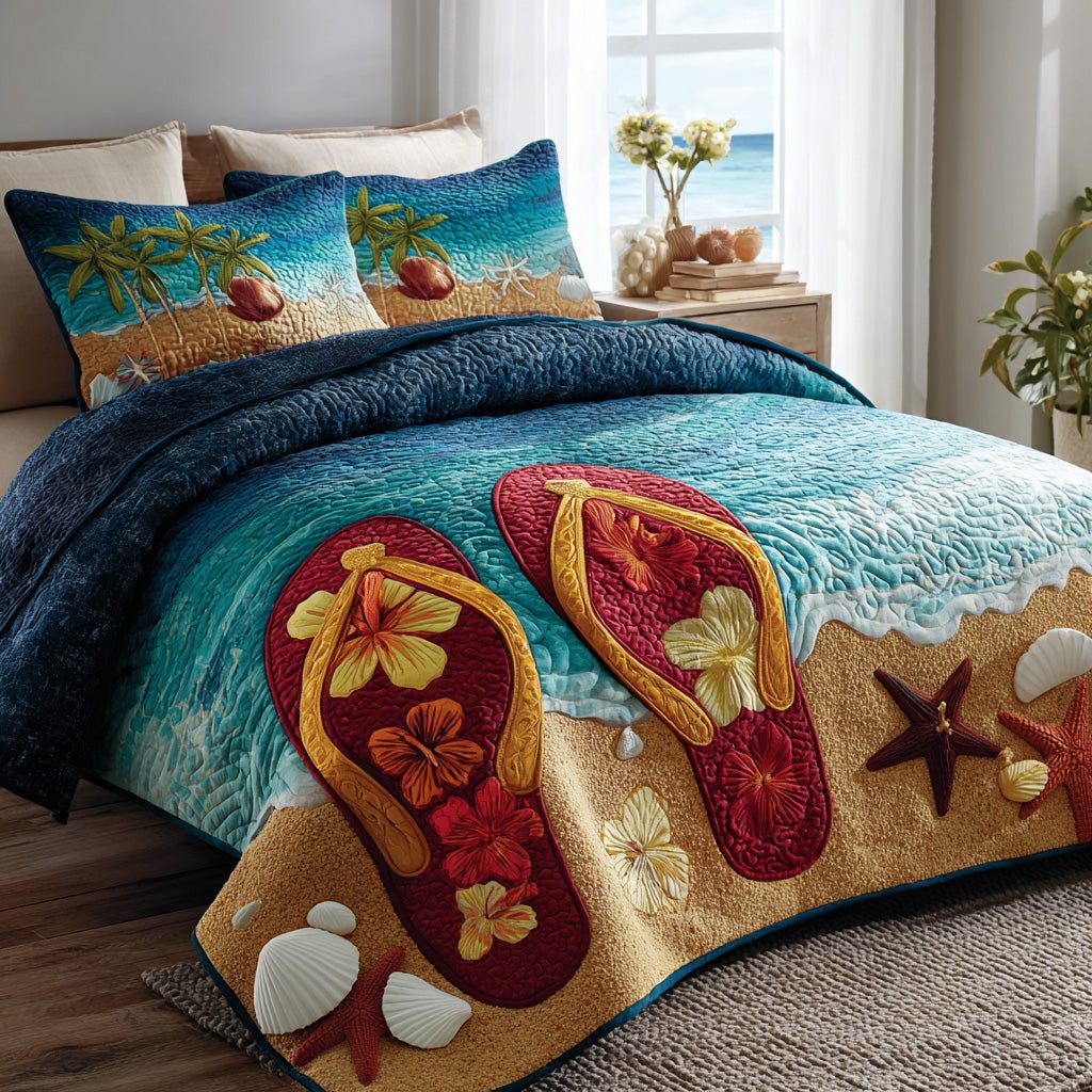 Hibiscus Sands quilted 3-piece bedding set on a made bed with two matching pillow shams