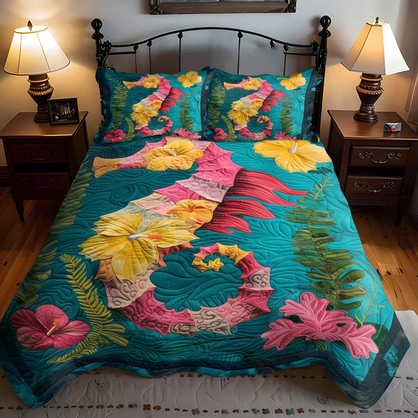 Hibiscus Seahorse quilted 3-piece bedding set on a made bed in a light coastal bedroom