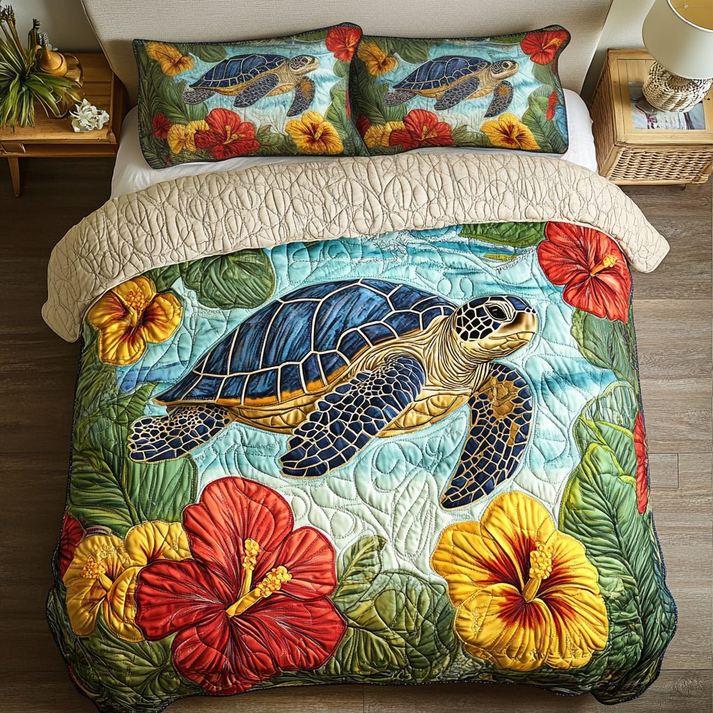 Hibiscus Tide quilted 3-piece bedding set on a made bed in a light coastal bedroom