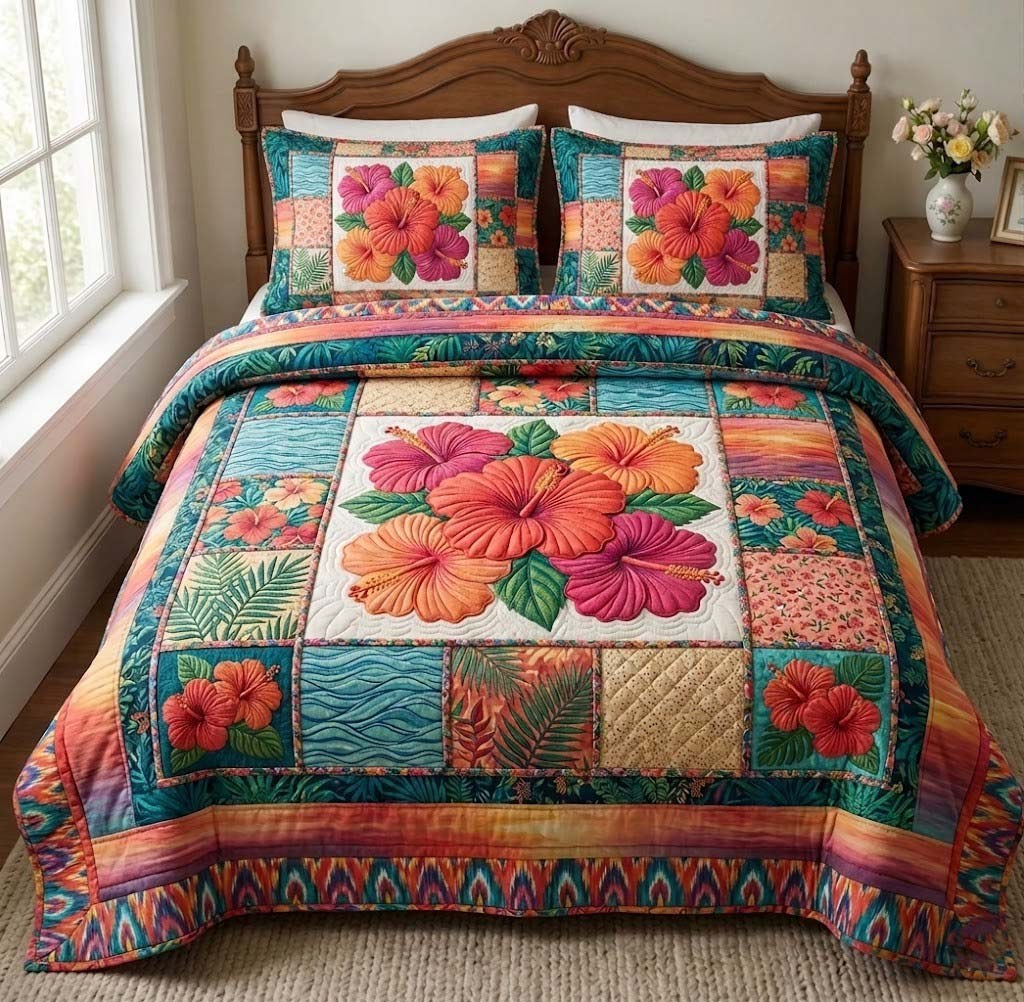 Hibiscus Whisper quilted 3-piece bedding set on a made bed with two matching pillow shams