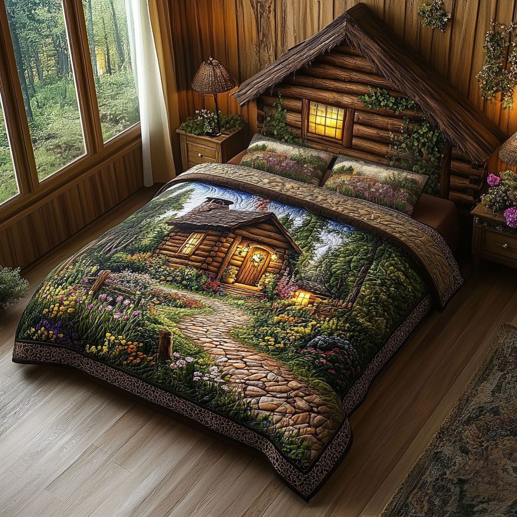 Hidden Cottage quilted 3-piece bedding set on a made bed in a farmhouse bedroom