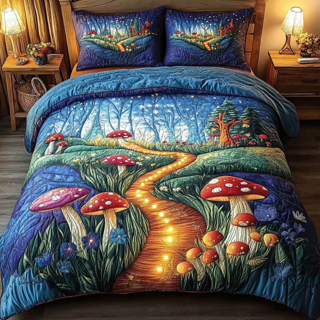 Hidden Grove quilted 3-piece bedding set on a made bed with two matching pillow shams