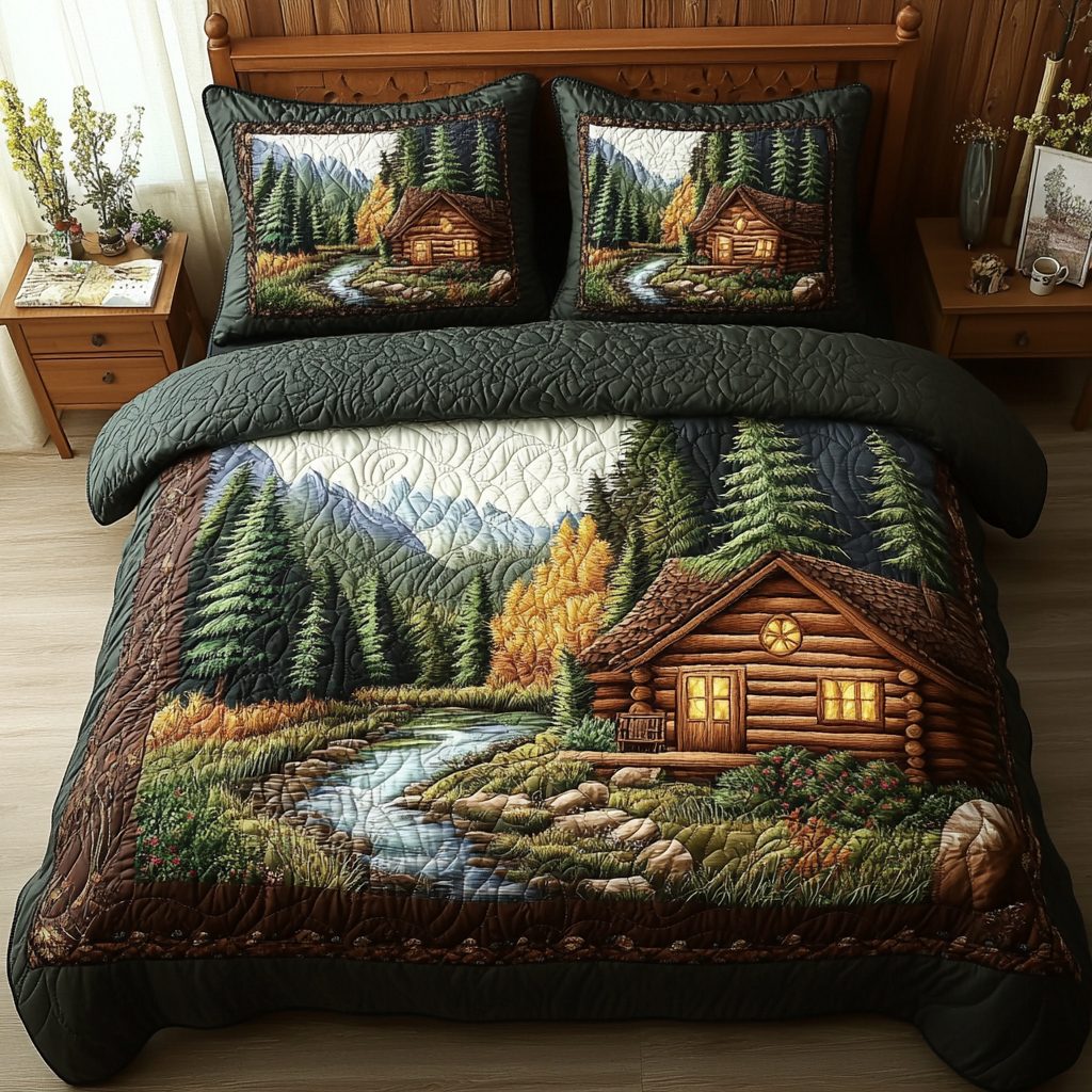 Hidden Lodge quilted 3-piece bedding set on a made bed with two matching pillow shams
